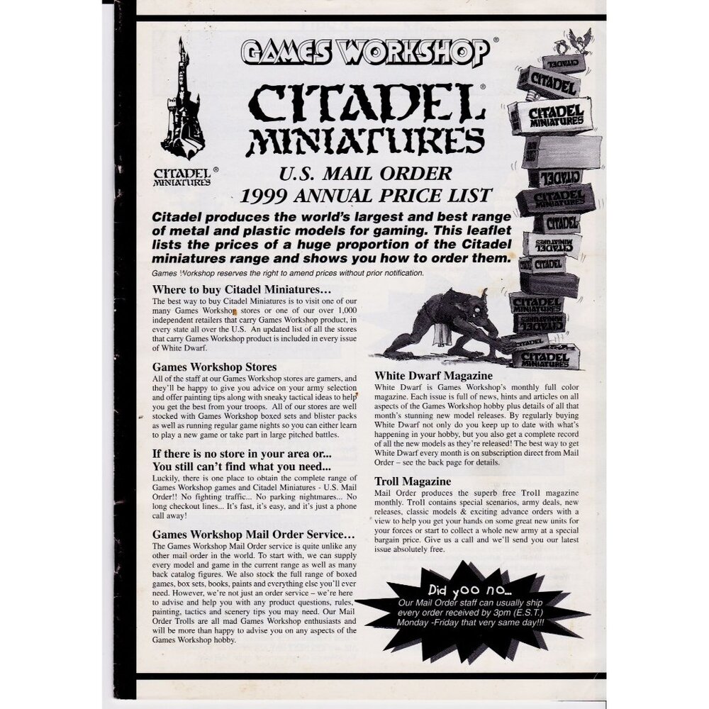 Citadel Miniatures 1999 Price List Games Workshop US Mail Order Catalog VG